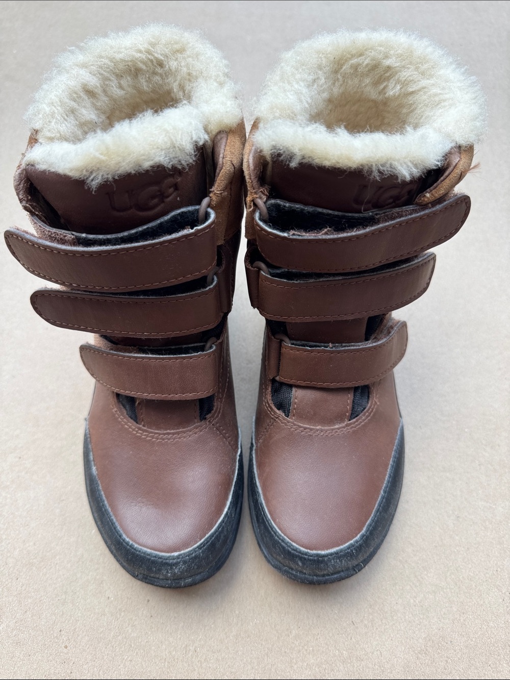 UGG Kids Brown Leather Triple-Strap Shearling Boots Kids Sz 3